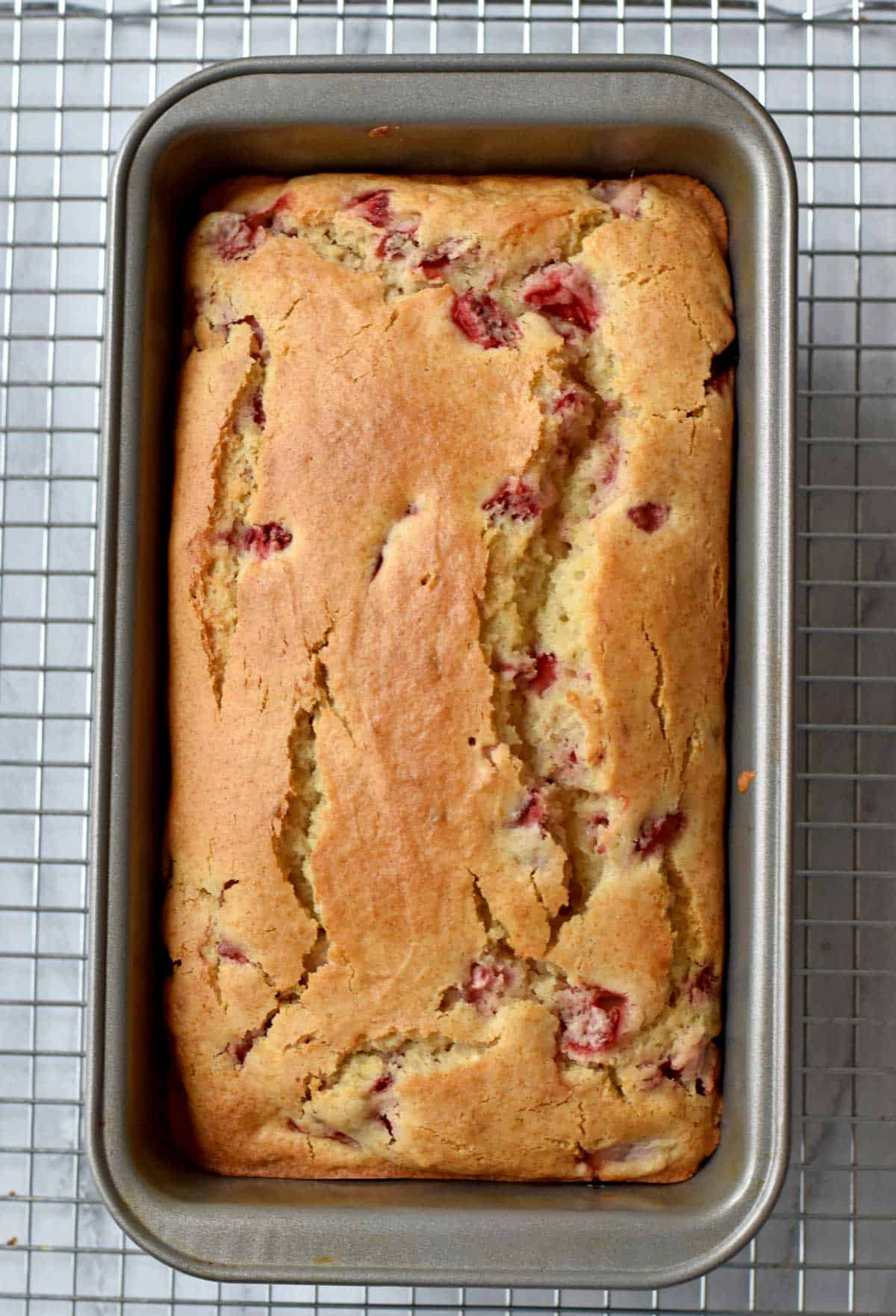 Baked gluten free strawberry bread in loaf pan cooling on wire rack.
