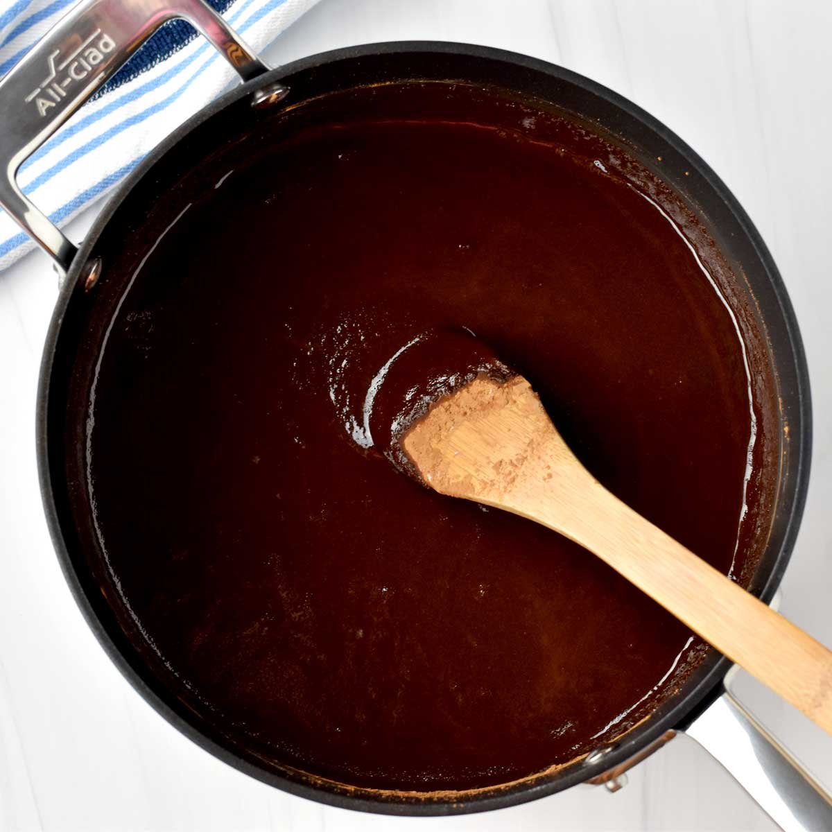 Brownie batter in saucepan before the eggs and flour have been added.