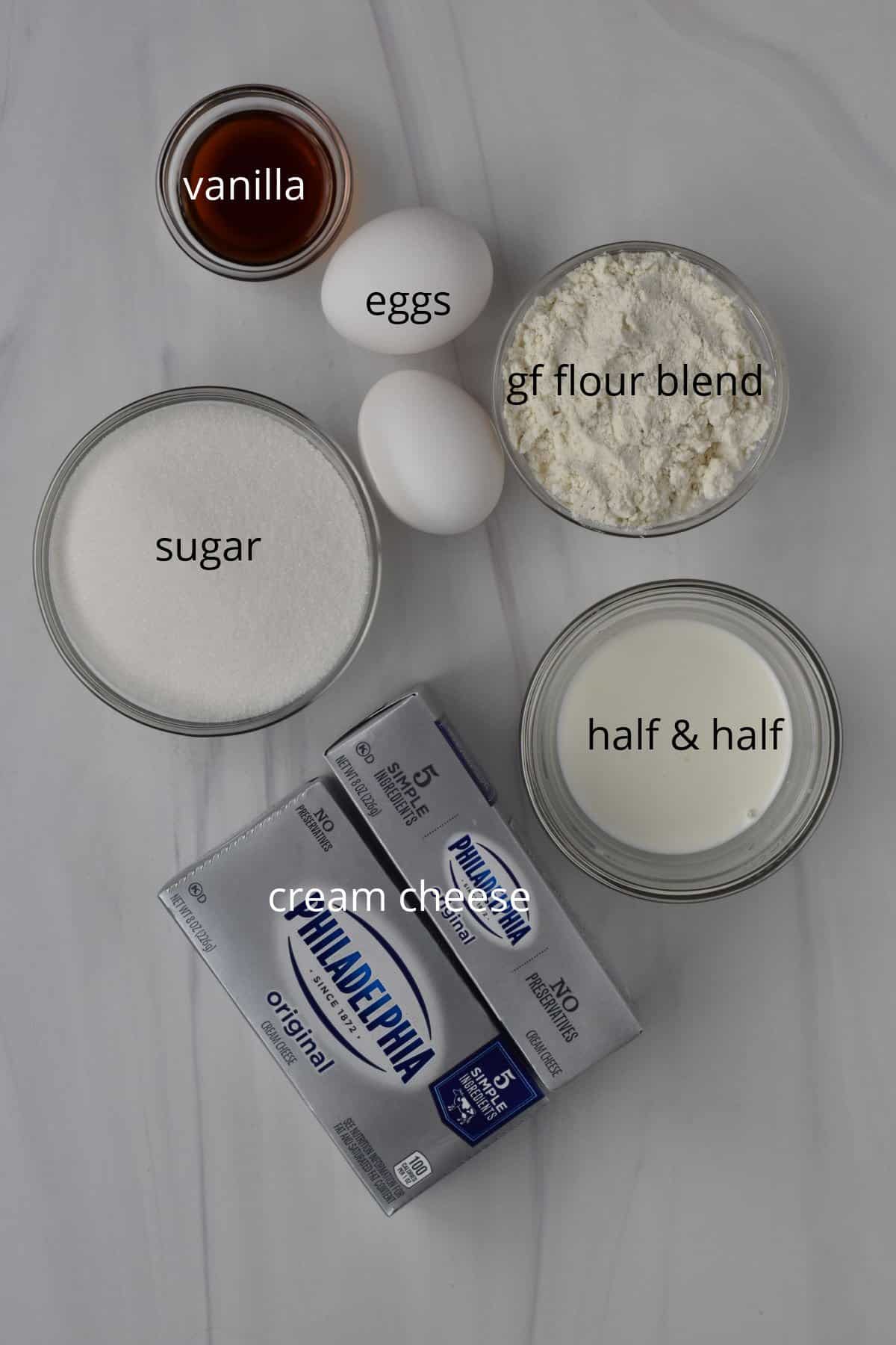 Ingredients, with labels, for cream cheese filling.