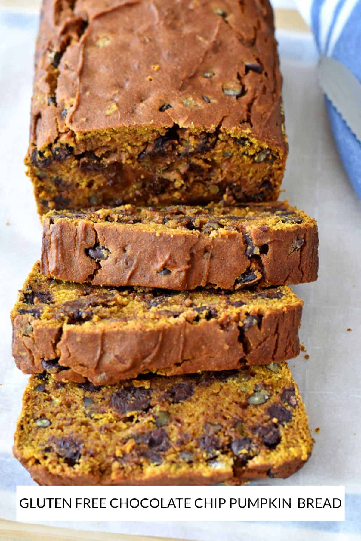 Slices of gluten free chocolate chip pumpkin bread on parchment paper.