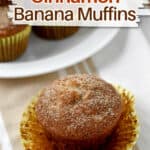 One gluten free cinnamon banana muffin with text overlay, "Easy & Gluten Free Cinnamon Banana Muffins."