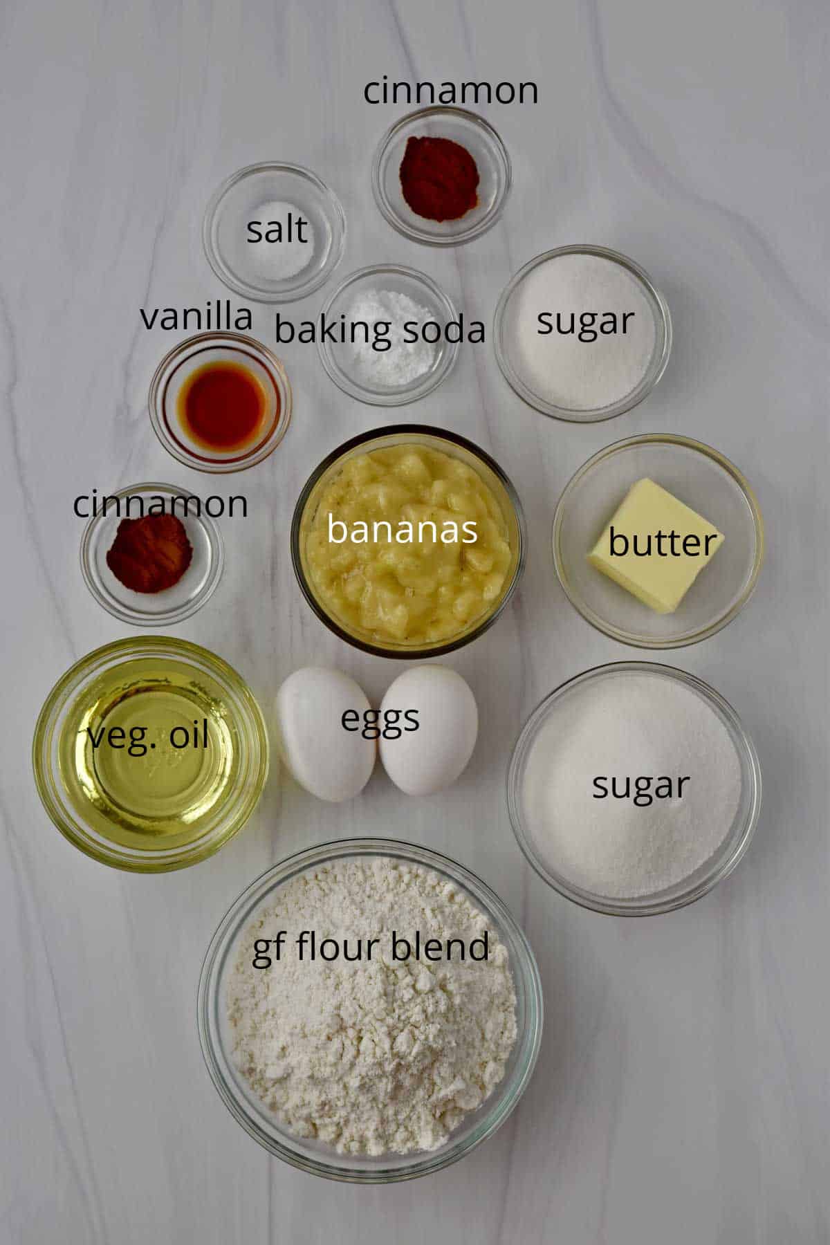 Ingredients, with labels, for gluten free cinnamon banana muffins.